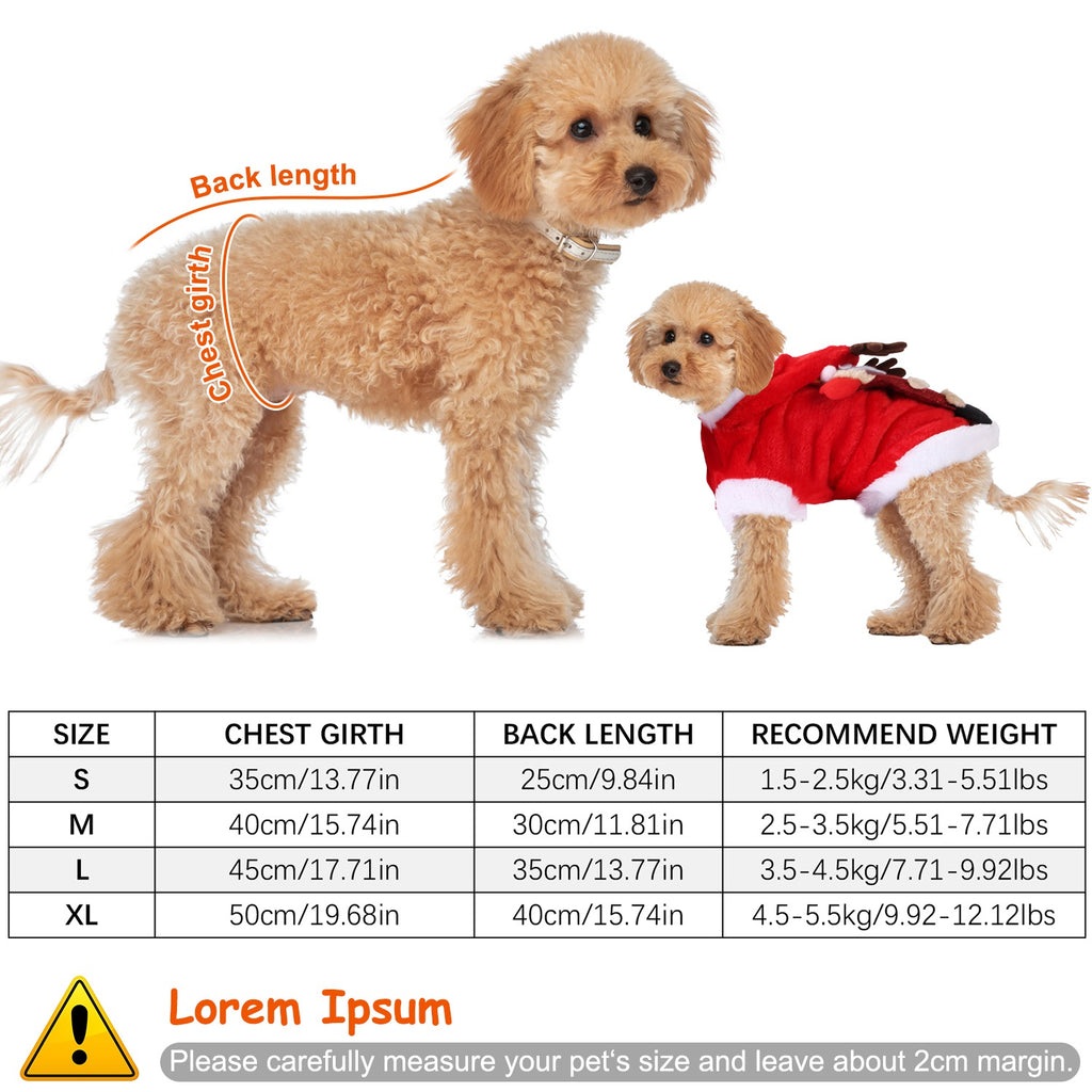 Christmas dog hoodie size chart, S to XL