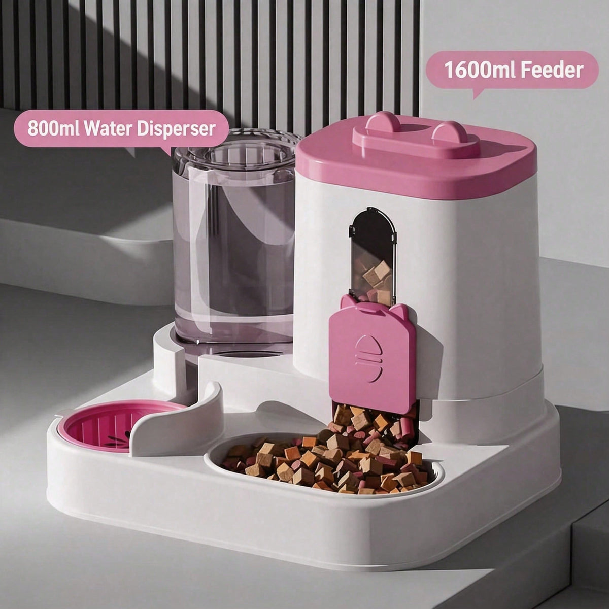 Pink gravity pet feeder with 1600ml food hopper and 800ml water dispenser