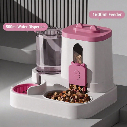 Pink gravity pet feeder with 1600ml food hopper and 800ml water dispenser