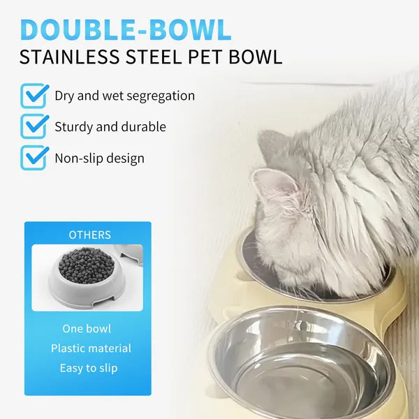 Grey cat eating from the double stainless steel bowl in a cream stand