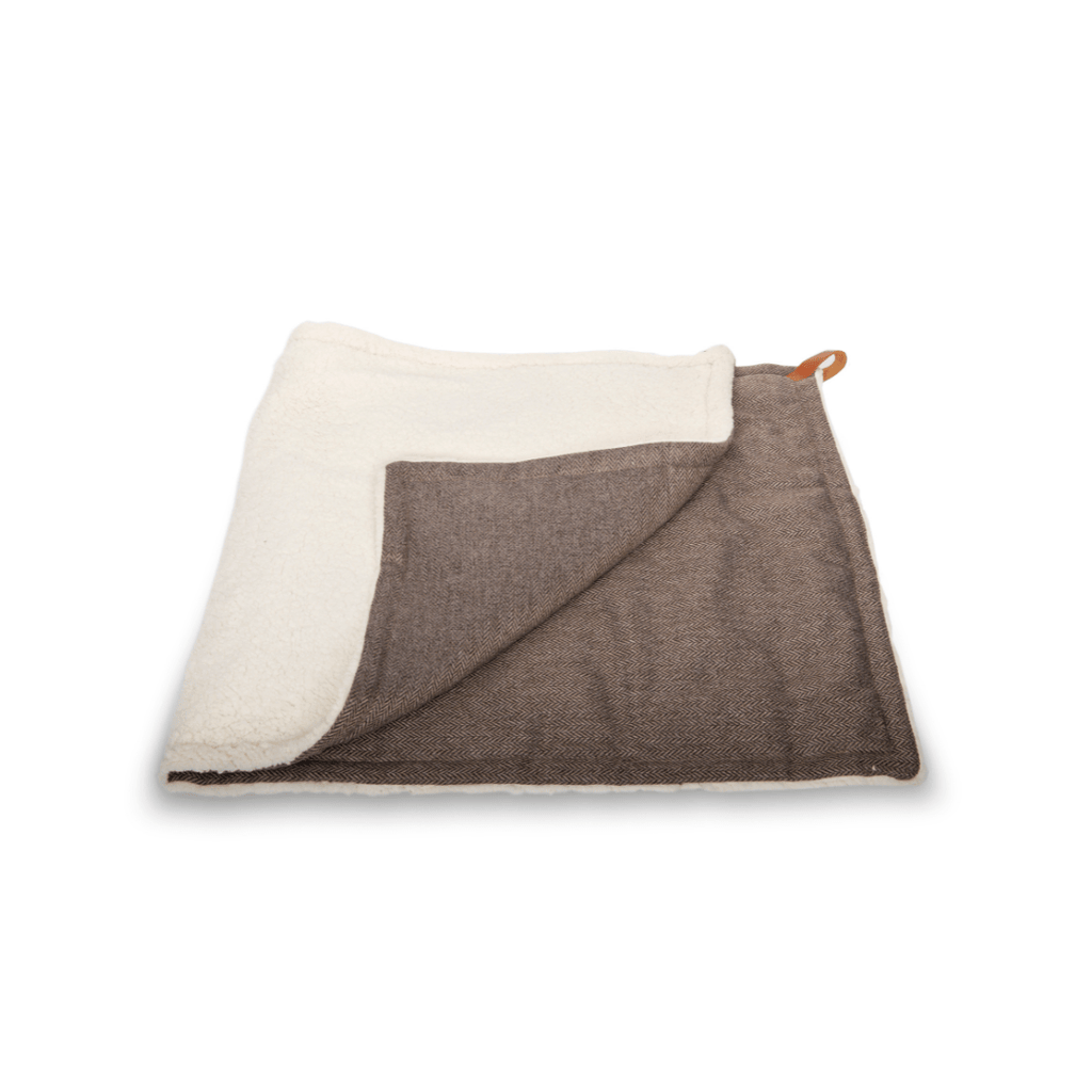 Lincoln tweed dog blanket folded with leather hanging loop