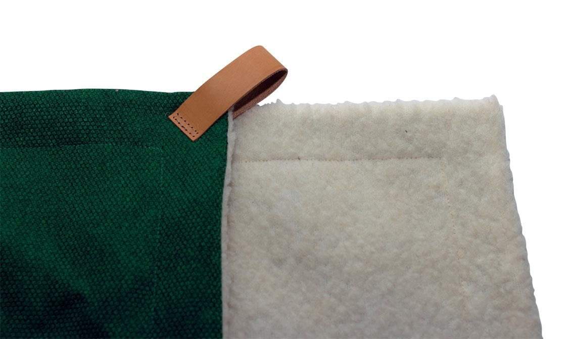 Close-up of the leather hanging loop on the Richmond green and sherpa blanket