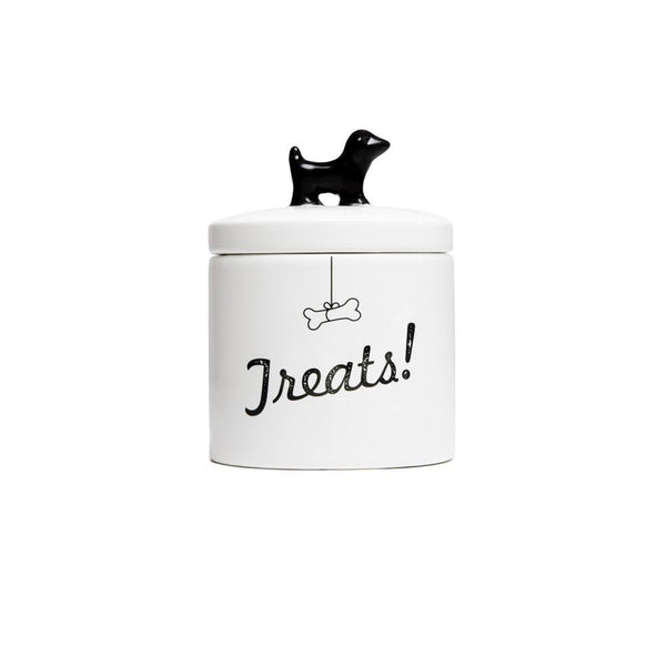 White ceramic dog treat jar with Treats! script and bone motif, black dog figure on the lid