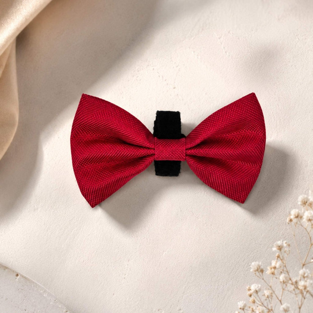 Berry Red Dog Bow Tie on a cream background showing the black hook-and-loop strap