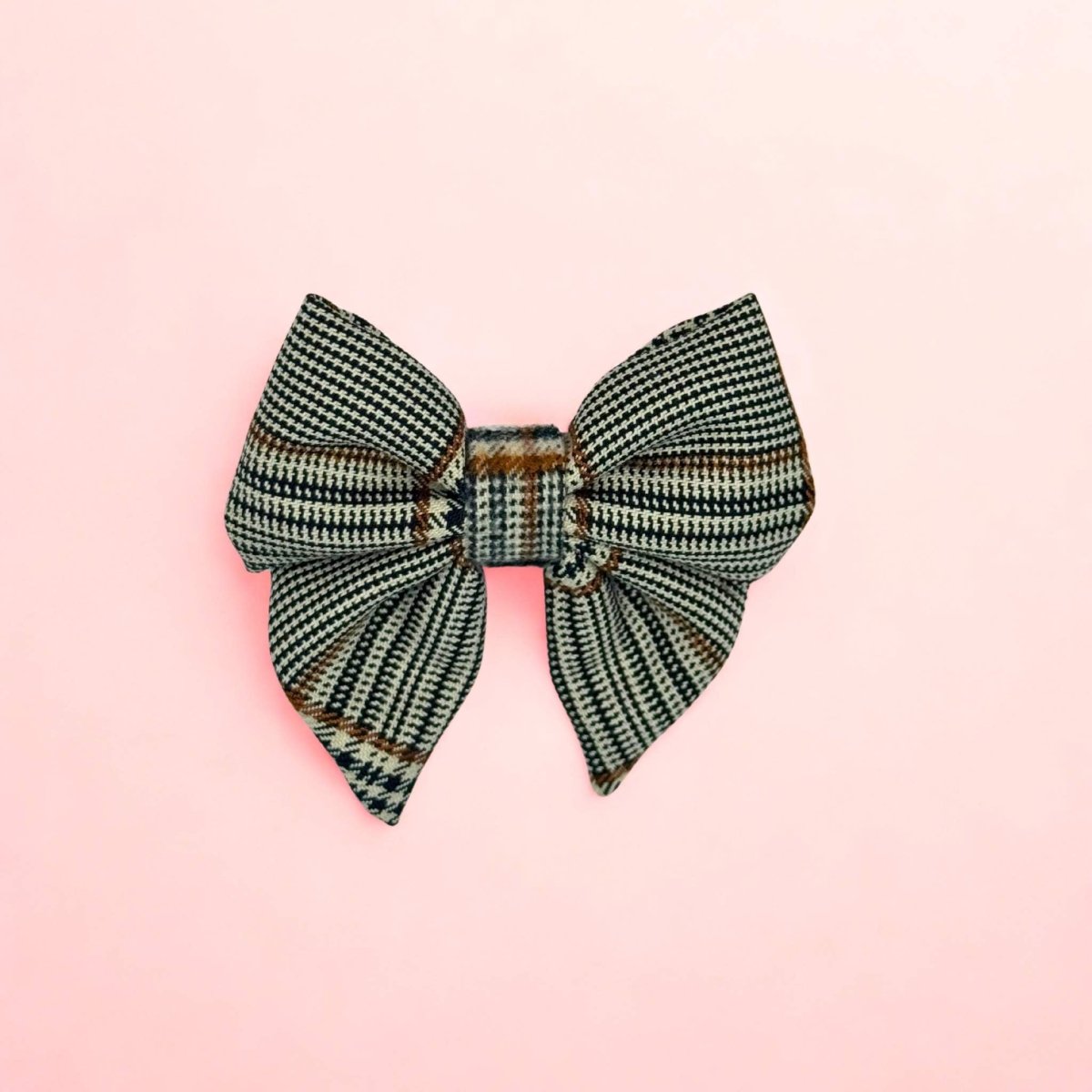 Foxbury Plaid Dog Sailor Bow in brown and cream tweed check on a pink background