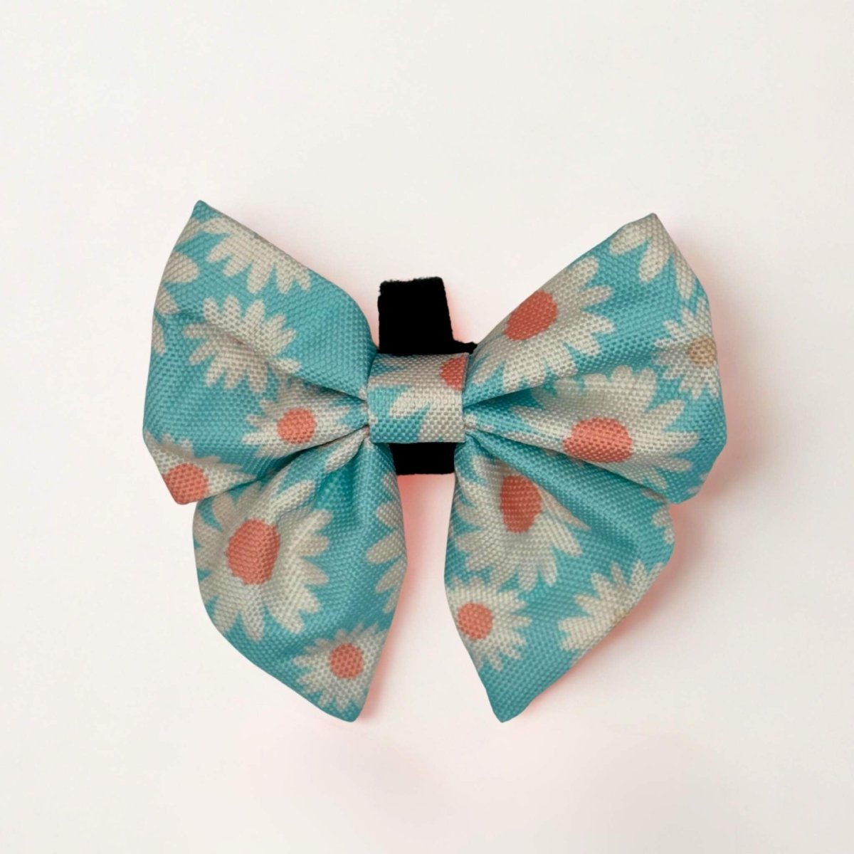Pastel Daisy Dog Sailor Bow in aqua with white and peach daisies on white