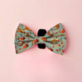 Woodland Friends Dog Bow Tie with foxes and hedgehogs on sage green, pink background