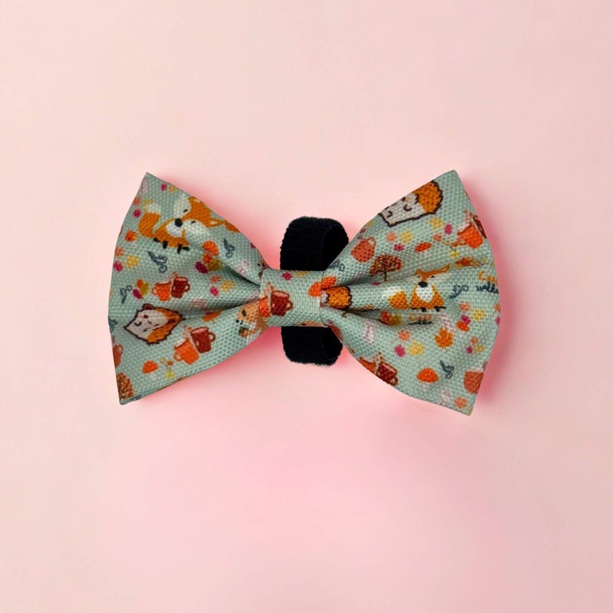 Woodland Friends Dog Bow Tie with foxes and hedgehogs on sage green, pink background