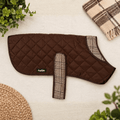 Foxbury Plaid Quilted Dog Coat flat-lay in chocolate brown with plaid collar and chest strap