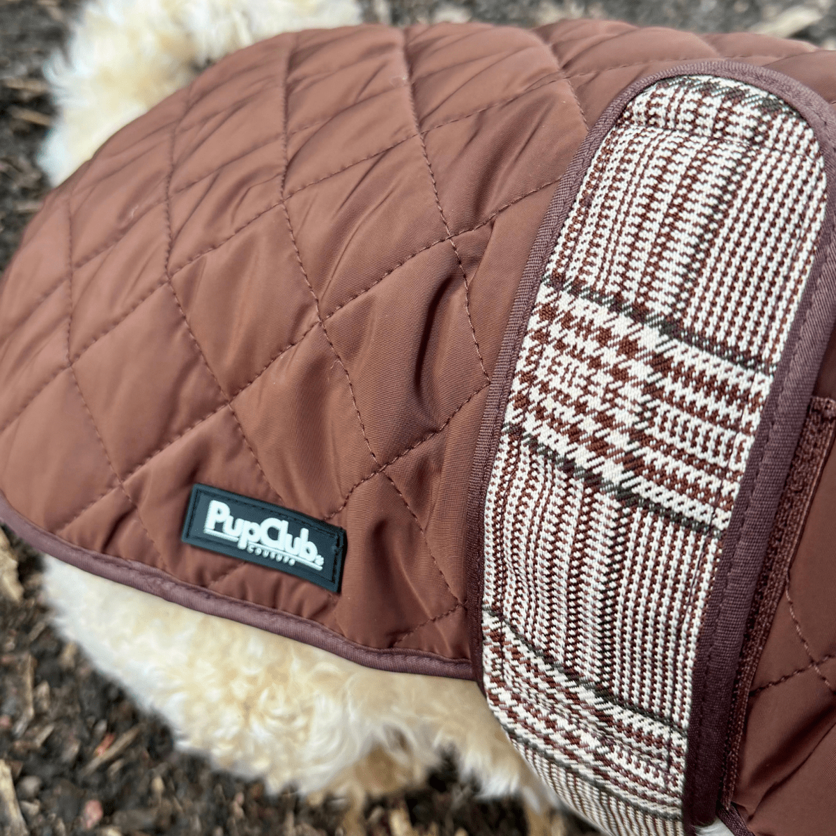 Close-up of the brown quilting and plaid chest strap on the Foxbury Plaid Quilted Dog Coat