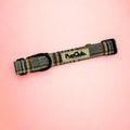 Foxbury Plaid Dog Collar on pink showing the brown and cream check, D-ring and PupClub label