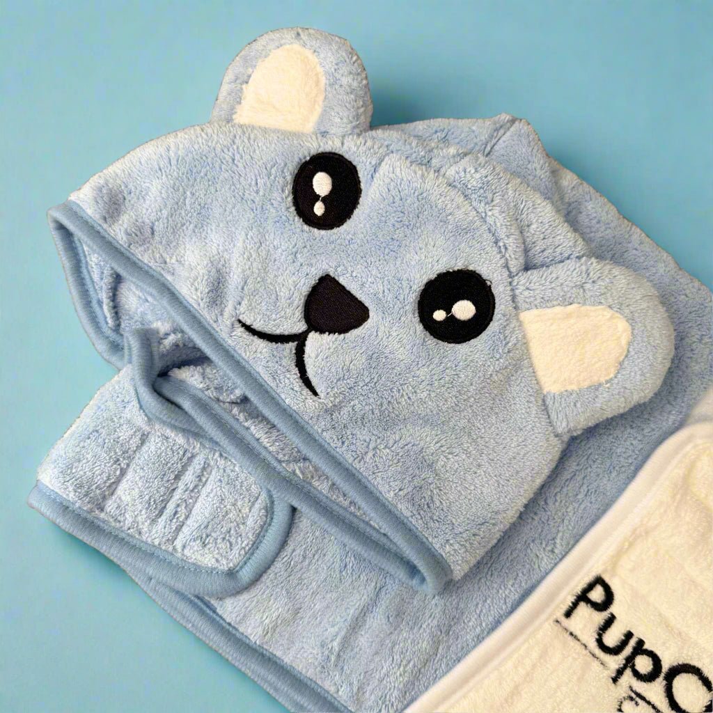 Close-up of the Blue Dog Drying Robe hood with embroidered bear face and ears