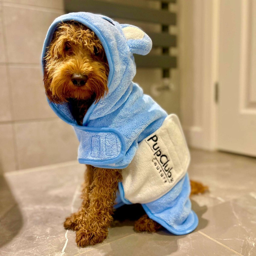Red cockapoo on a tiled floor wearing the Blue Dog Drying Robe with the hood up