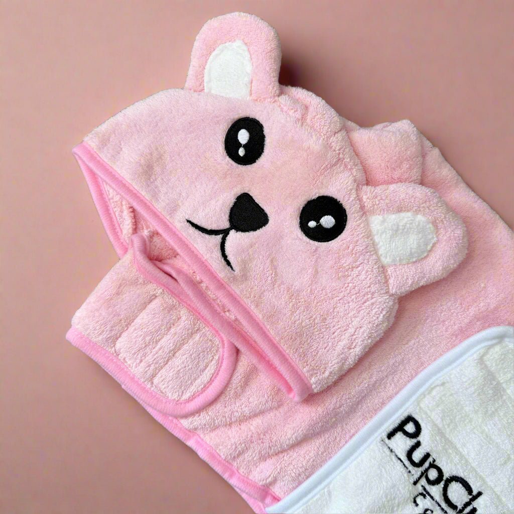 Close-up of the bear-ear hood with cute face on the Pink Dog Drying Robe
