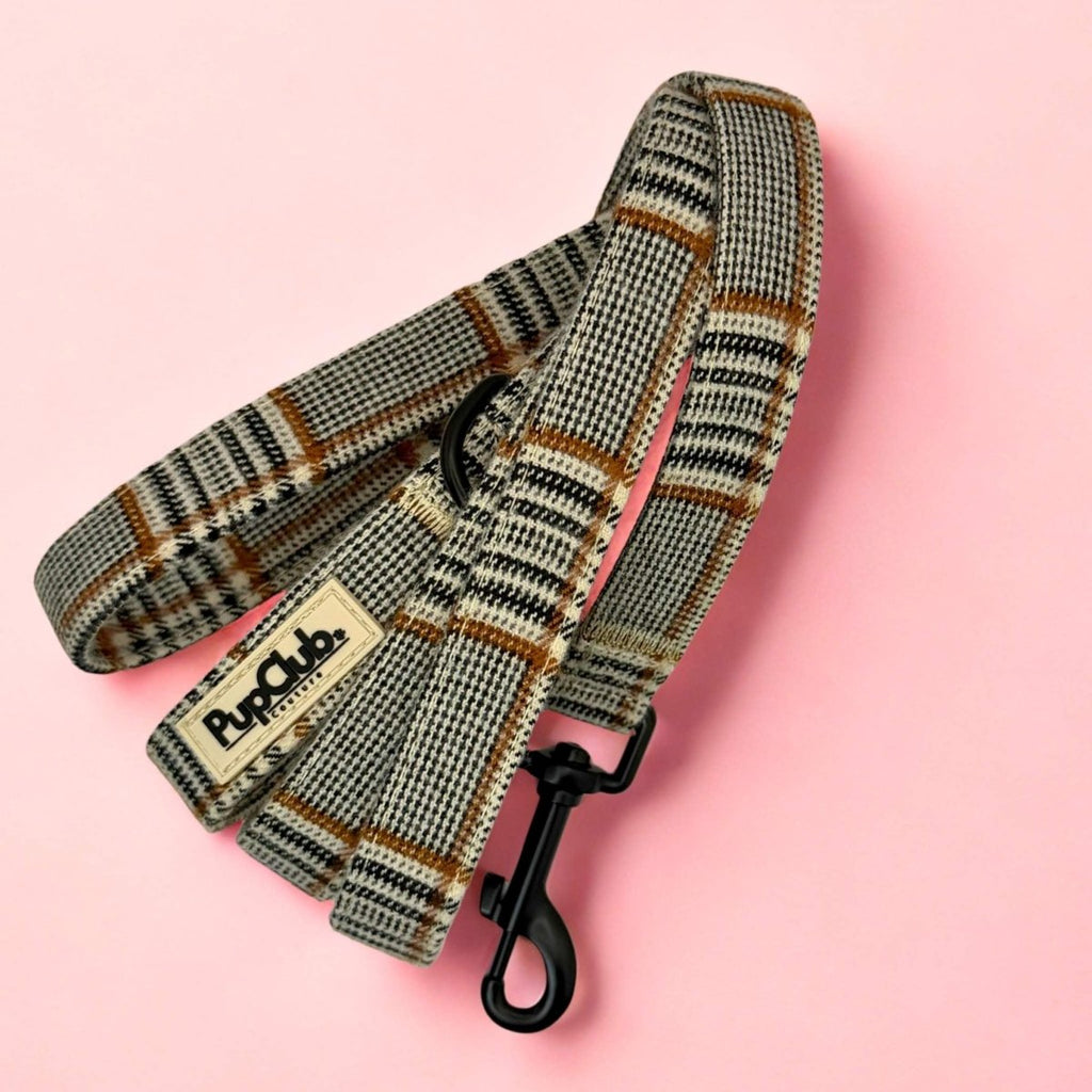 Foxbury Plaid Dog Lead coiled, showing the PupClub label and swivel clip