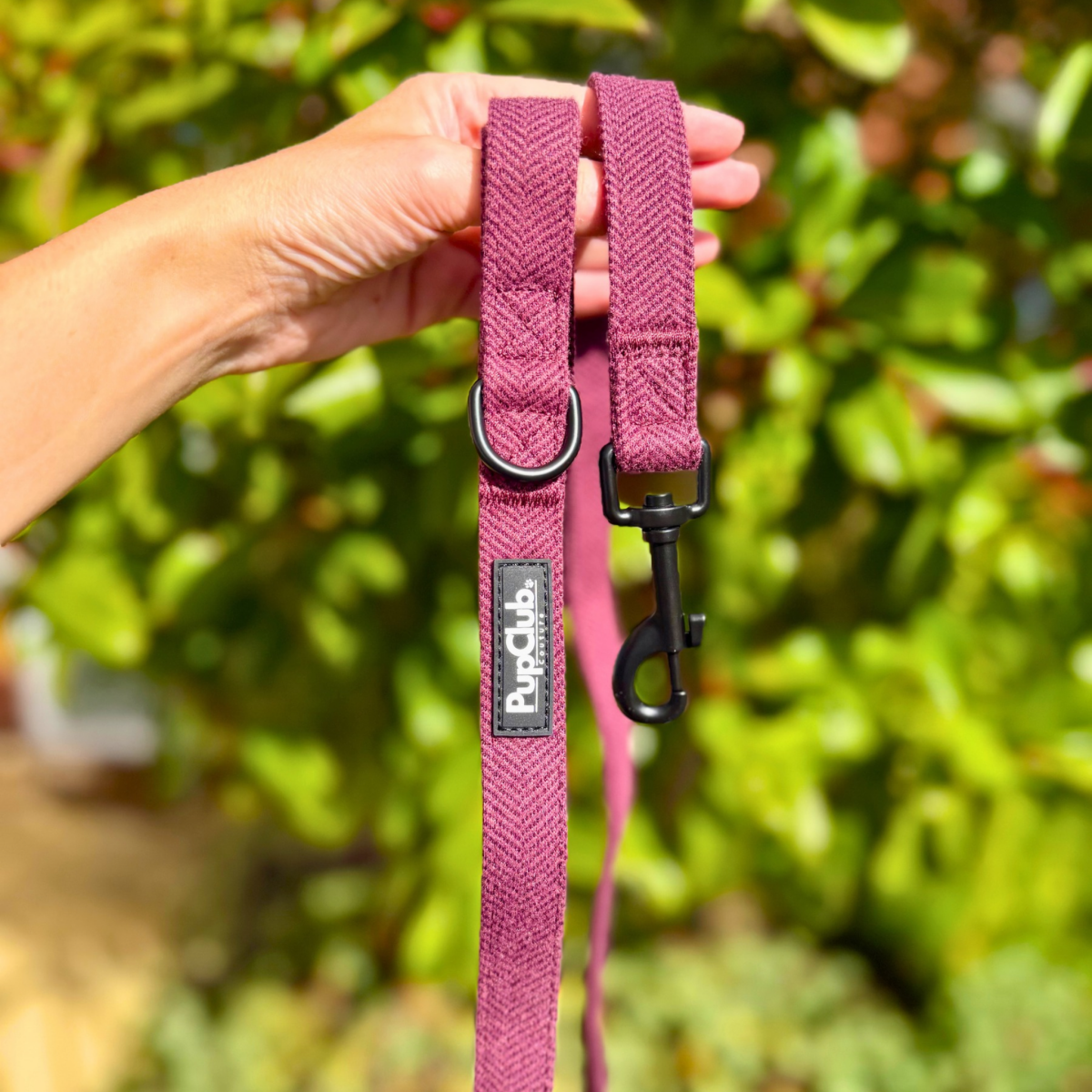 Hand holding the Berry Tweed Dog Lead handle outdoors