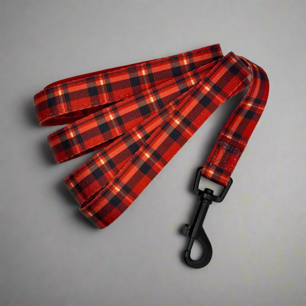 Red tartan dog lead with padded handle