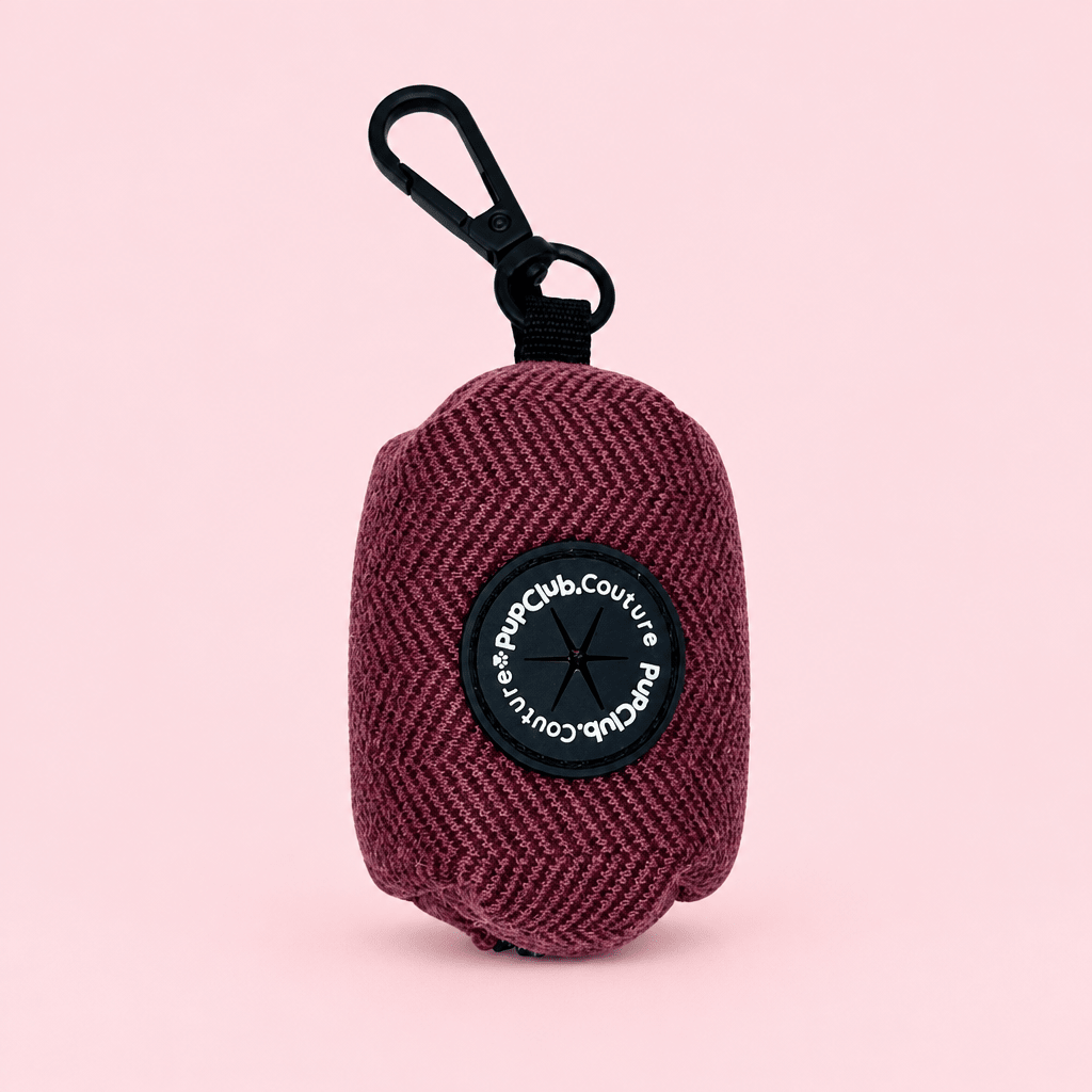 Berry Tweed Poo Bag Holder front view in burgundy herringbone with PupClub dispenser