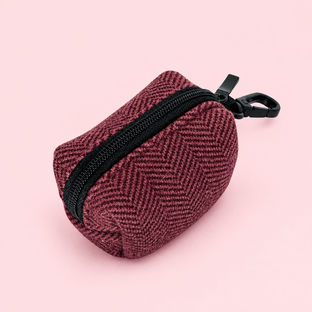 Berry Tweed Poo Bag Holder side view showing the black zip pocket and clip