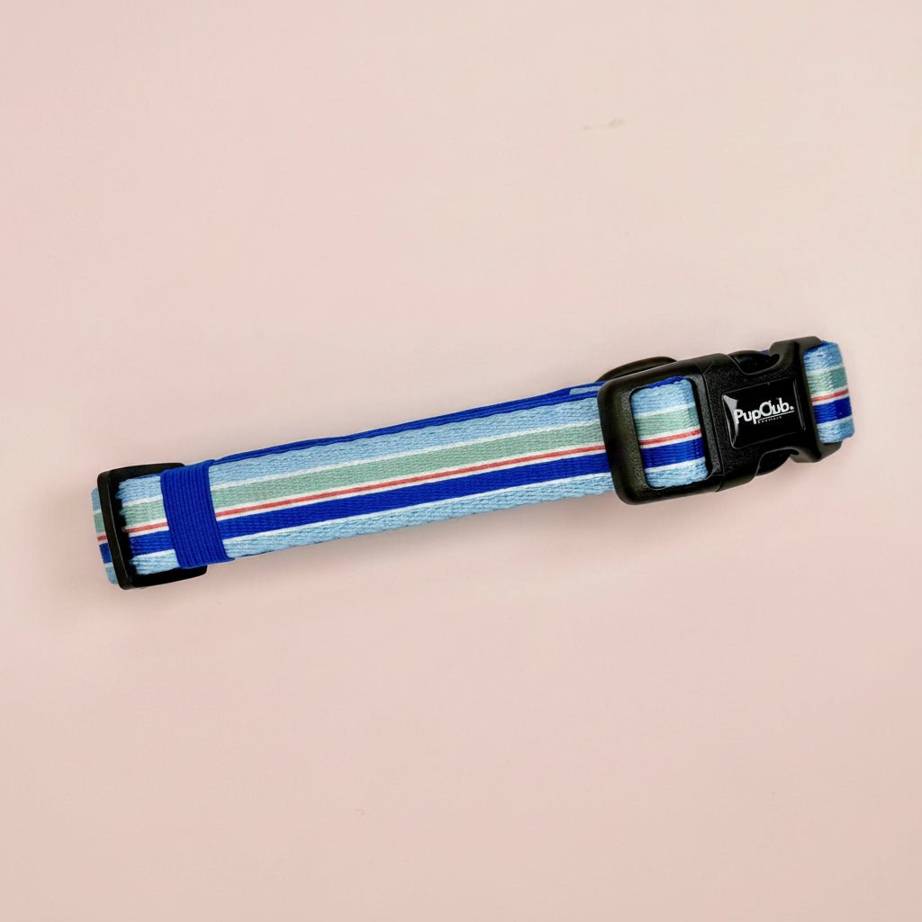 Sea Breeze Stripes Dog Collar showing black clip buckle and slide adjuster