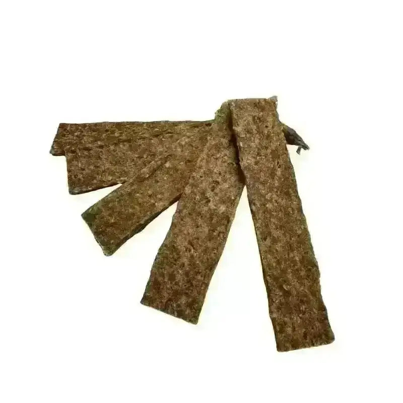 Four flat duck jerky strips for dogs fanned out
