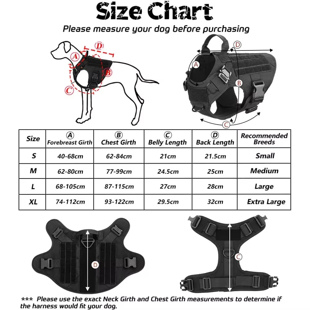 Tactical dog harness size chart, sizes S to XL