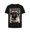 Black T-shirt with a pug wearing headphones framed by bright rainbow rays