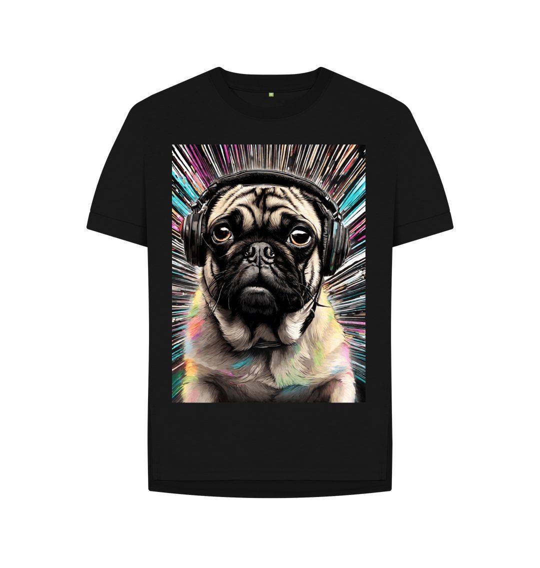 Black T-shirt with a pug wearing headphones framed by bright rainbow rays