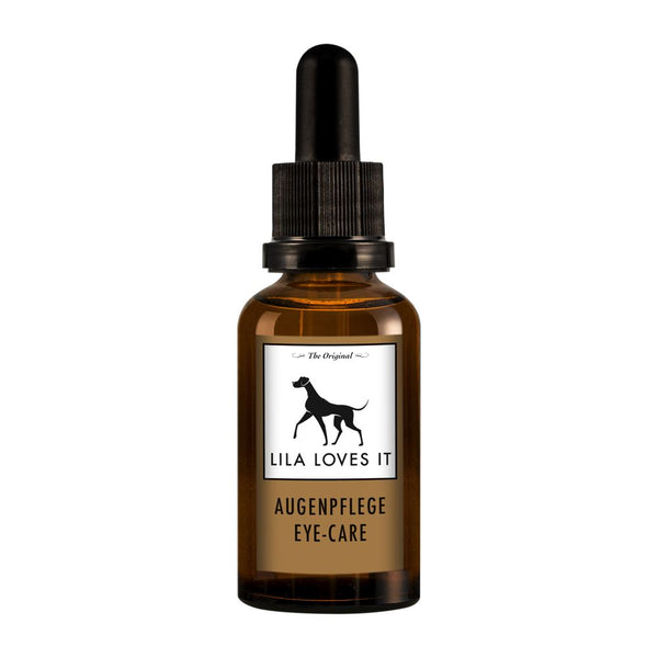 Lila Loves It Eye Care amber dropper bottle with black dropper cap and dog logo label