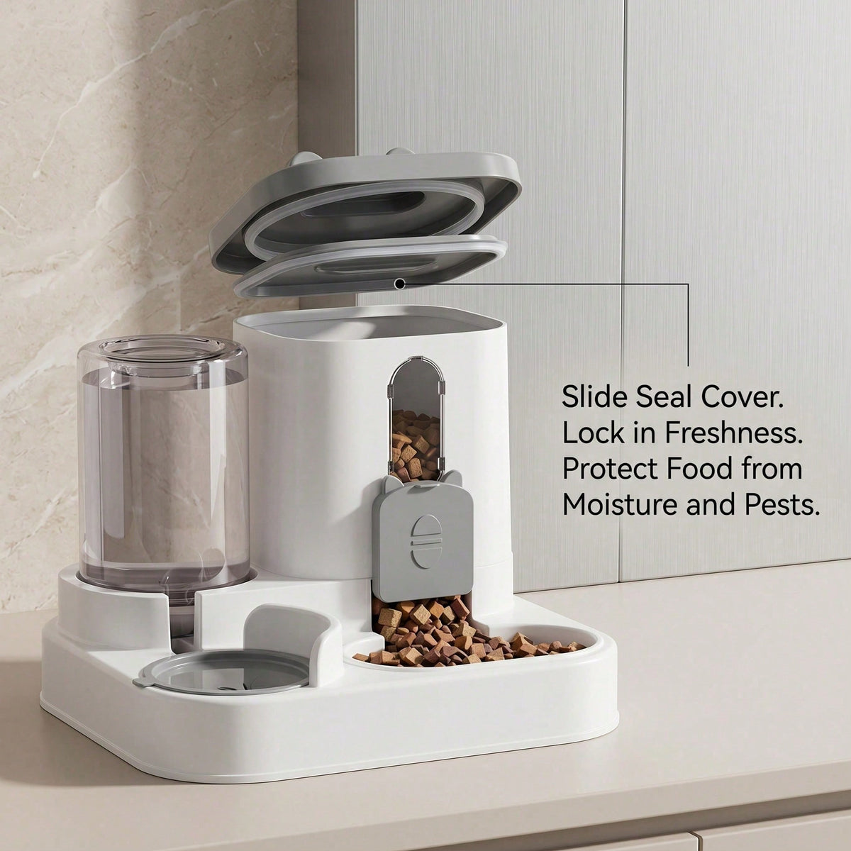 Pet feeder slide seal cover to keep food fresh