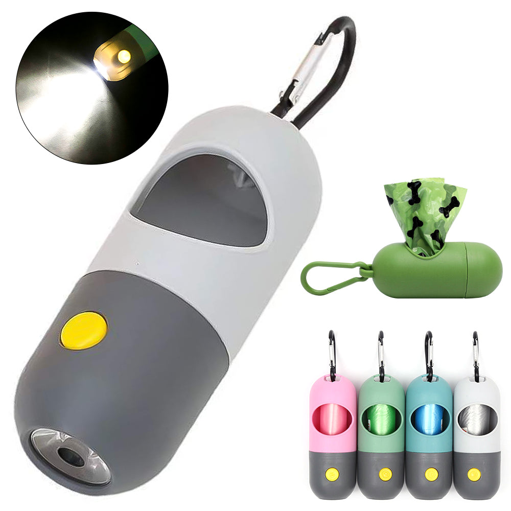 LED poop bag holder with torch light and carabiner clip, light grey colour shown