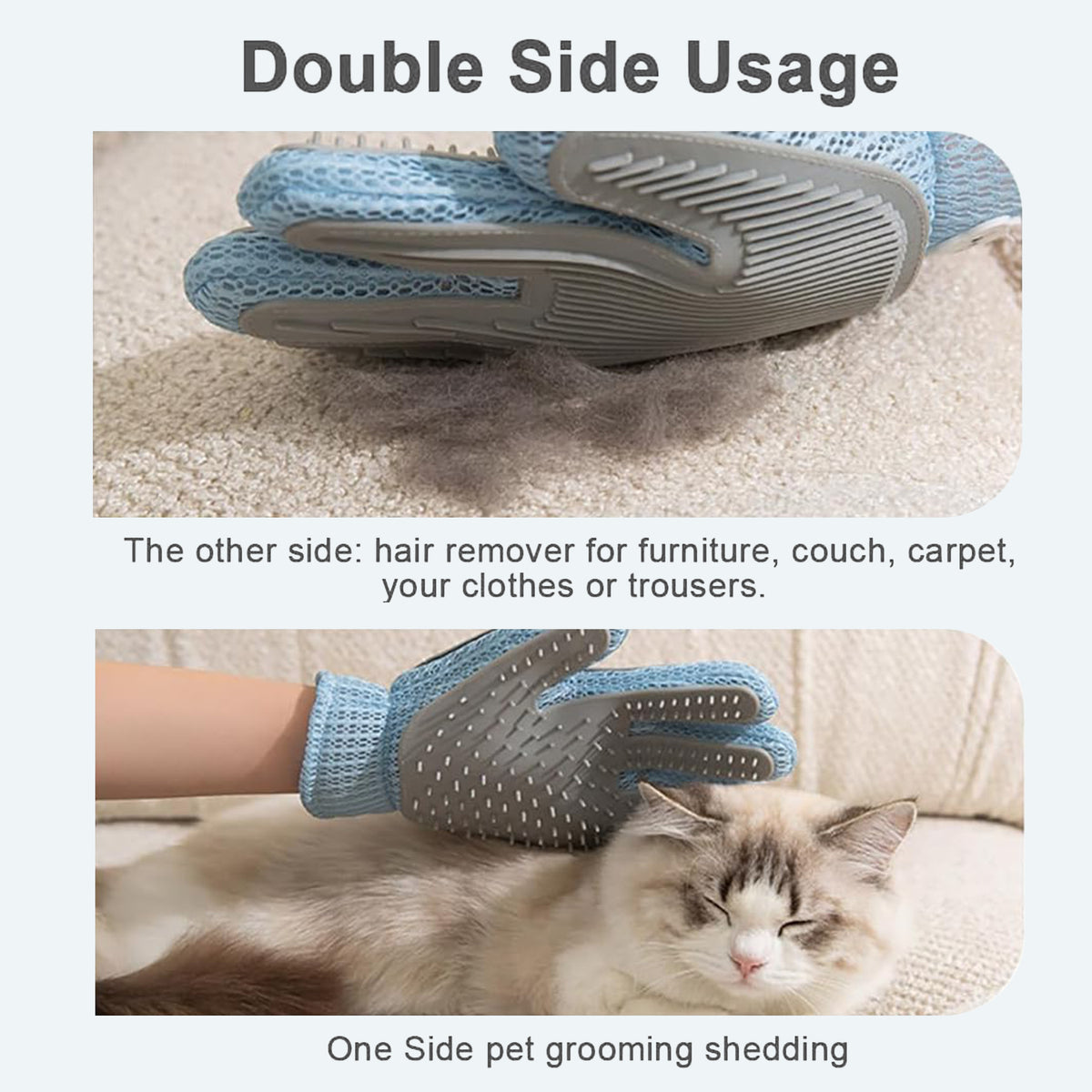 Grooming glove lifting pet hair off a sofa and brushing a sleeping cat