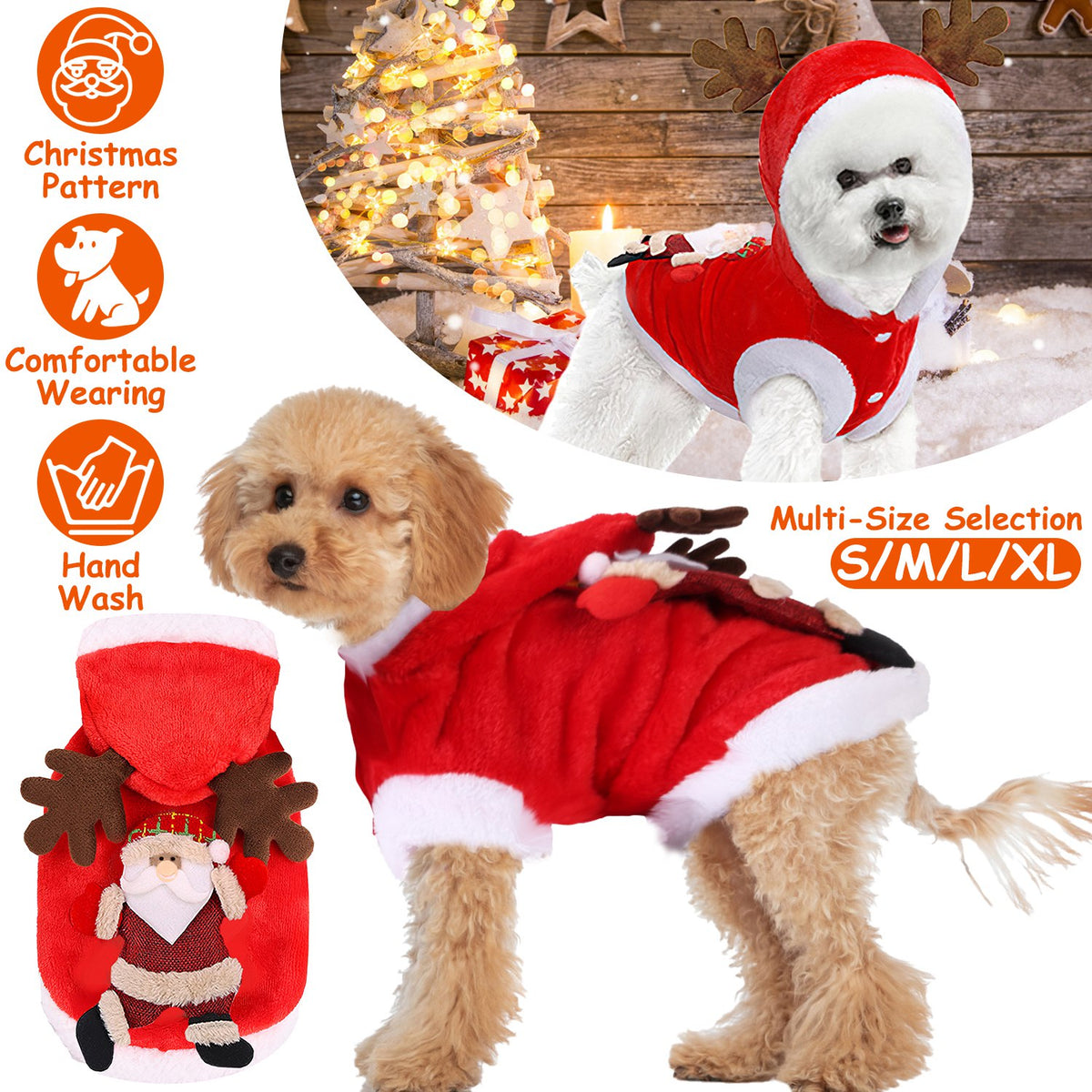 Small dogs wearing the red Christmas reindeer hoodie with antlers