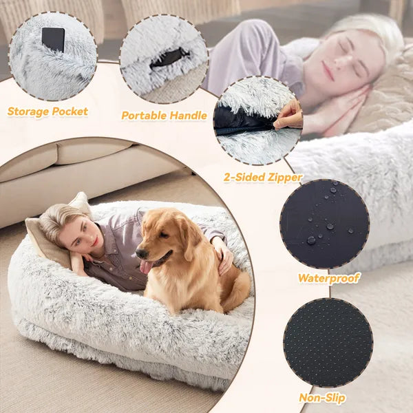 Storage pocket, carry handle, zip, waterproof and non-slip details of the giant bed