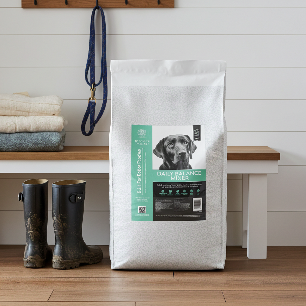 Daily Balance Mixer bag in a hallway beside a bench, wellies and a dog lead