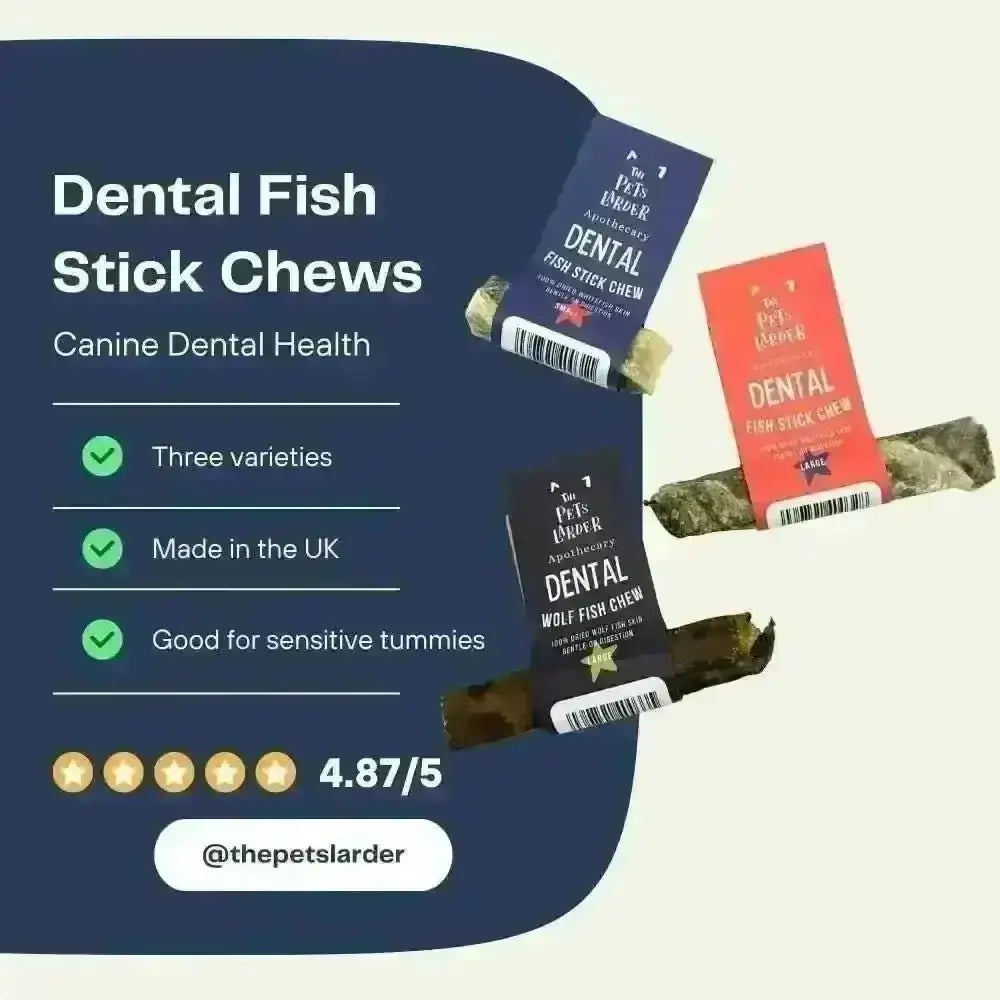 Three Pets Larder fish chew varieties with their labels on a navy graphic