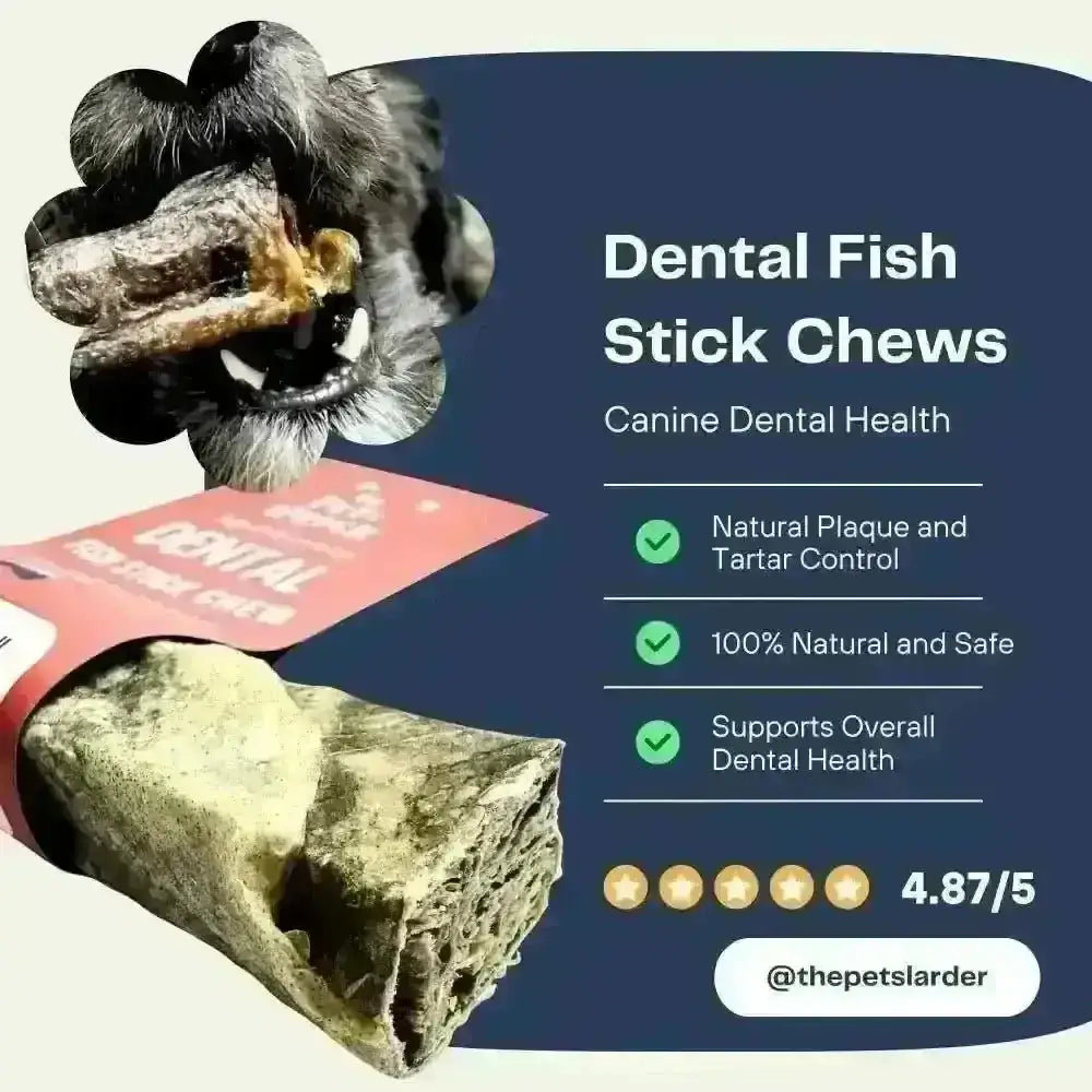 Rolled fish skin chew with a red label and a dog with the chew in its mouth