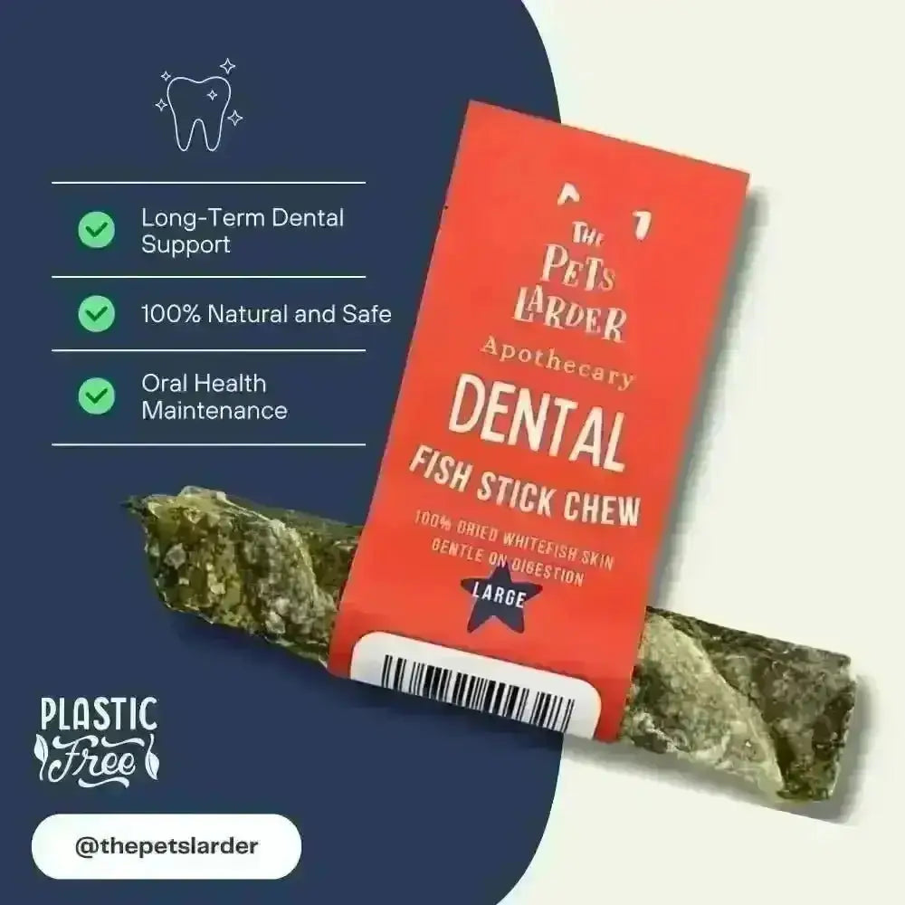 Fish stick chew with a red Pets Larder label on a navy graphic with a benefits list