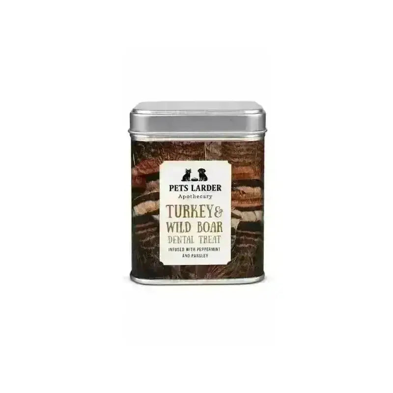 Metal tin of Pets Larder turkey and wild boar dog treats