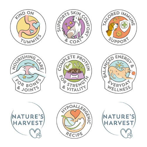 Nature's Harvest recipe icon graphics for the Chicken & Brown Rice puppy food