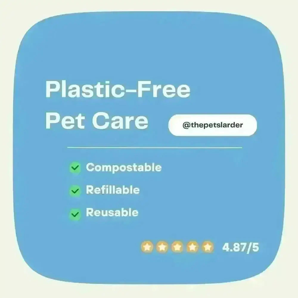 Plastic-free pet care graphic: compostable, refillable, reusable