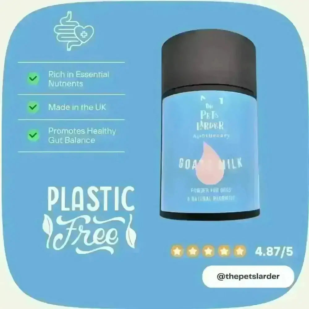 Goat's milk powder tub with plastic-free packaging graphic