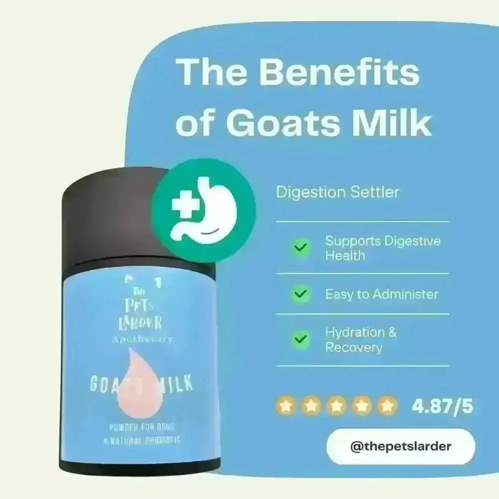 Goat's milk powder tub beside a blue info panel