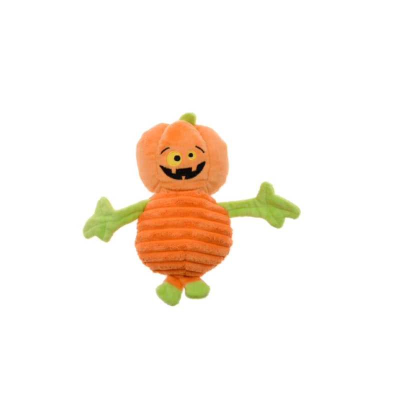 Orange Halloween pumpkin plush dog toy with jack-o'-lantern face and green leaf arms and legs