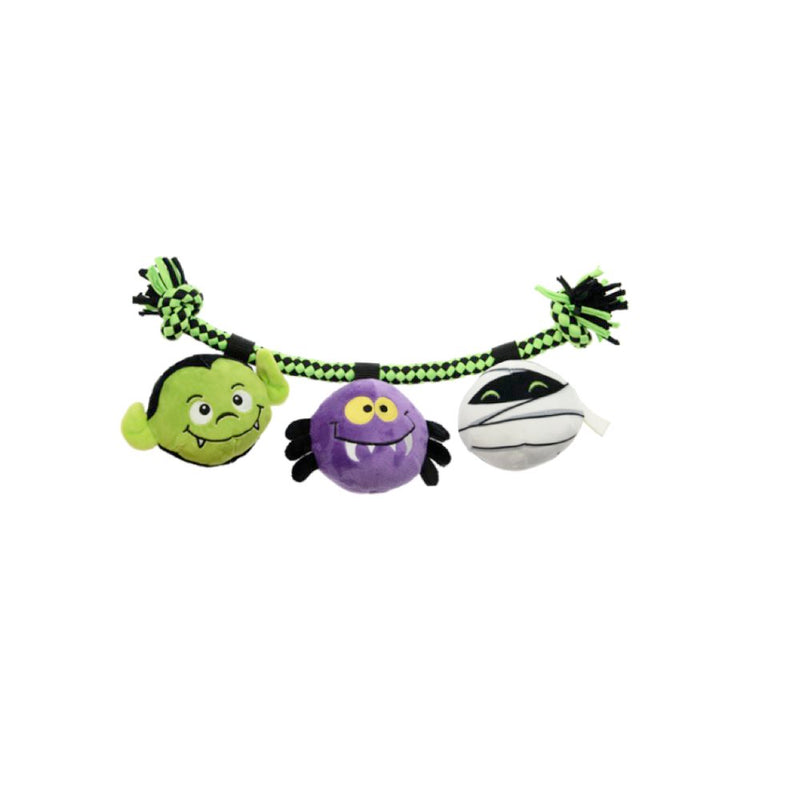 Green Halloween rope tug toy with plush monster, purple spider and white mummy characters