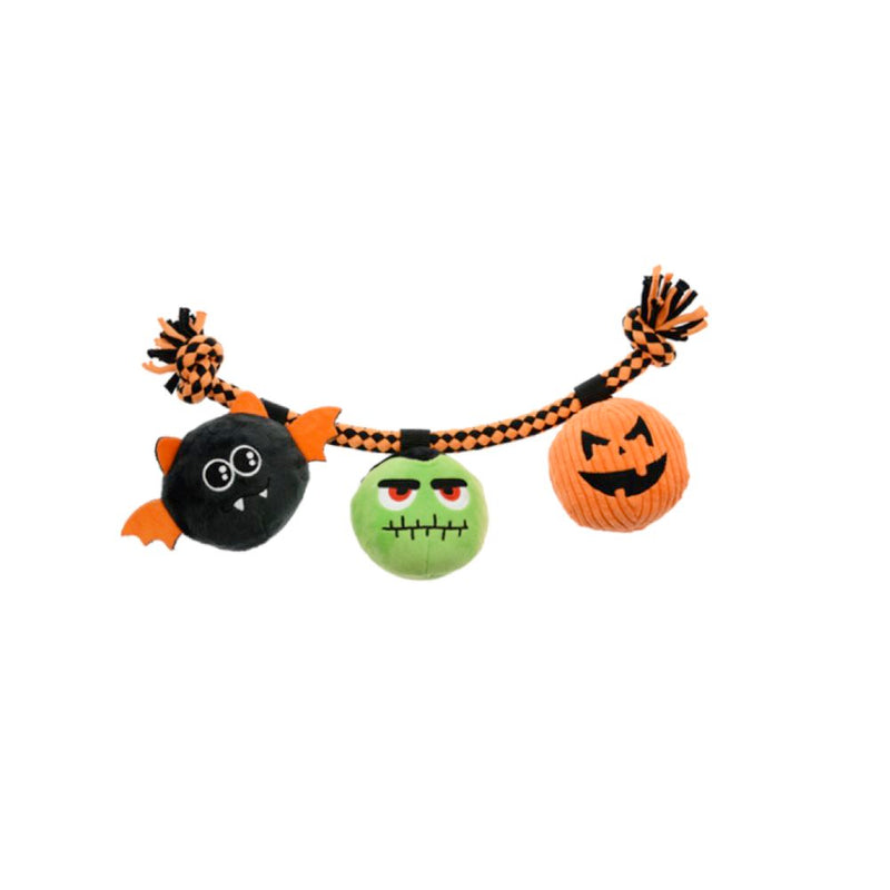 Orange Halloween rope tug toy with plush black bat, green monster and pumpkin characters