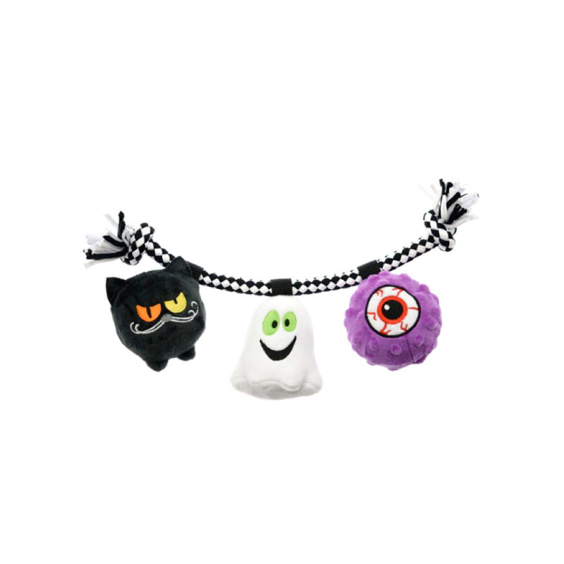 White Halloween tug toy with black and white rope, plush black cat, ghost and purple eyeball