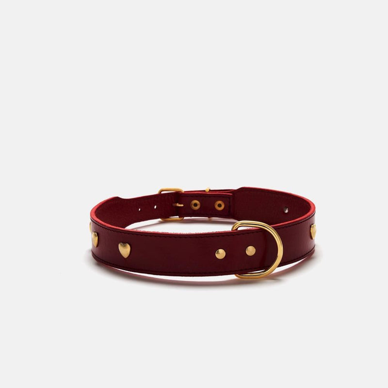Dark red leather dog collar with gold heart studs and gold D-ring