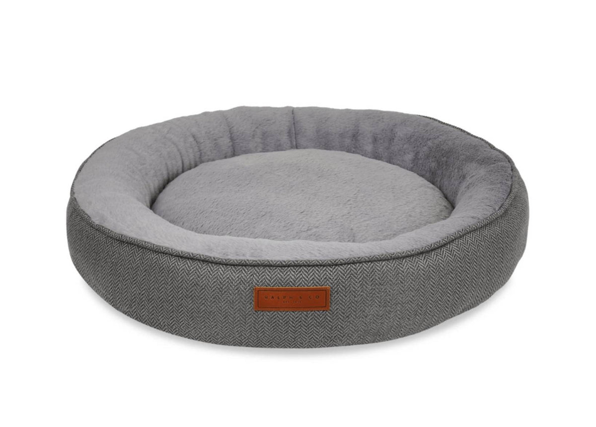 Balmoral Calming Donut Dog Bed – Herringbone & Faux Fur