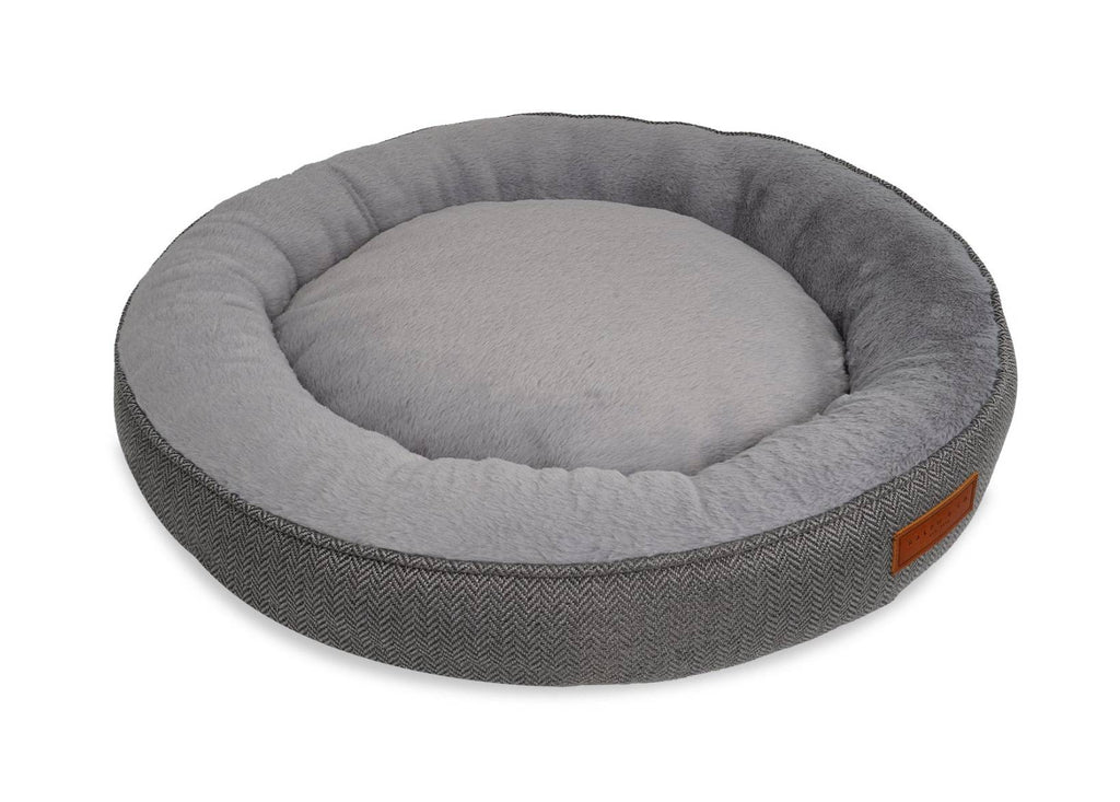Balmoral Calming Donut Dog Bed – Herringbone & Faux Fur